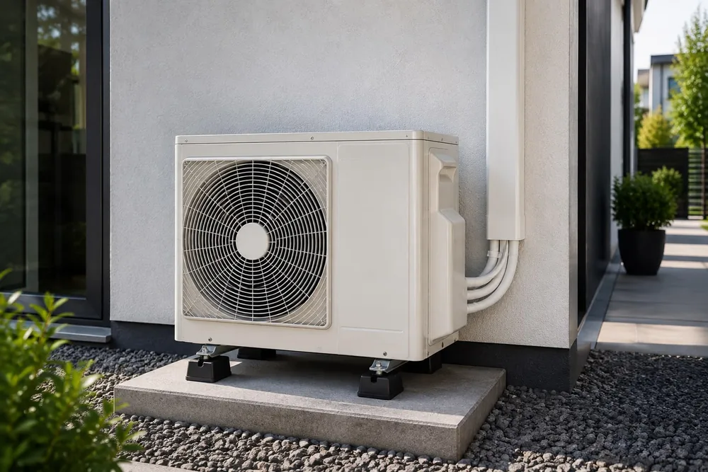 Außeneinheit einer Klimaanlage auf einem Betonsockel neben einem Wohnhaus