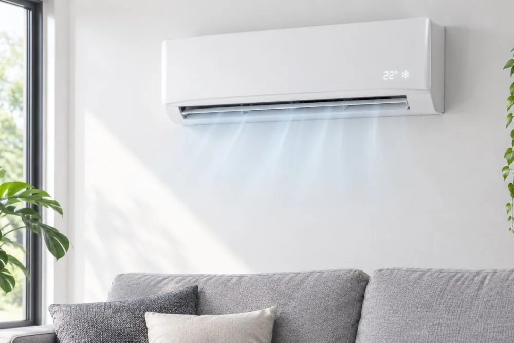 Wandgerät einer Klimaanlage über einem Sofa im Wohnzimmer