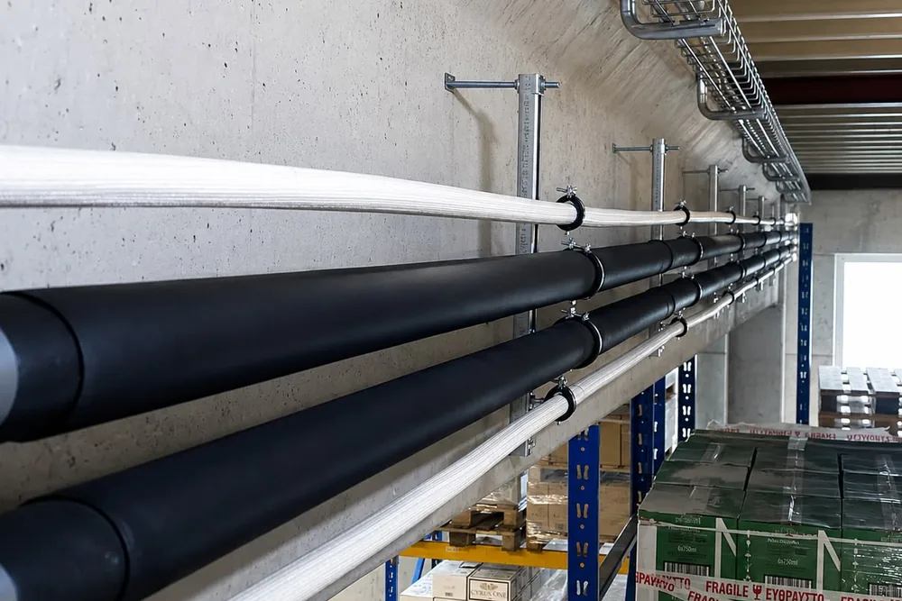 Isolierte Kälteleitungen entlang der Wand eines Lagers